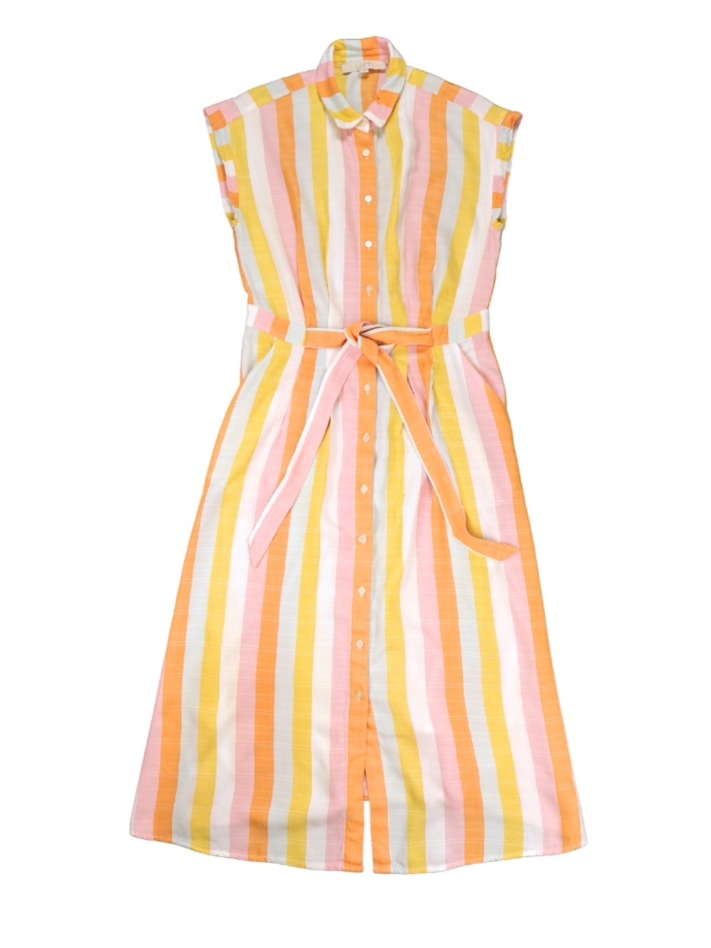 LOFT Striped Button Front Midi Dress Small Pink Orange Yellow Belted Summer Dres